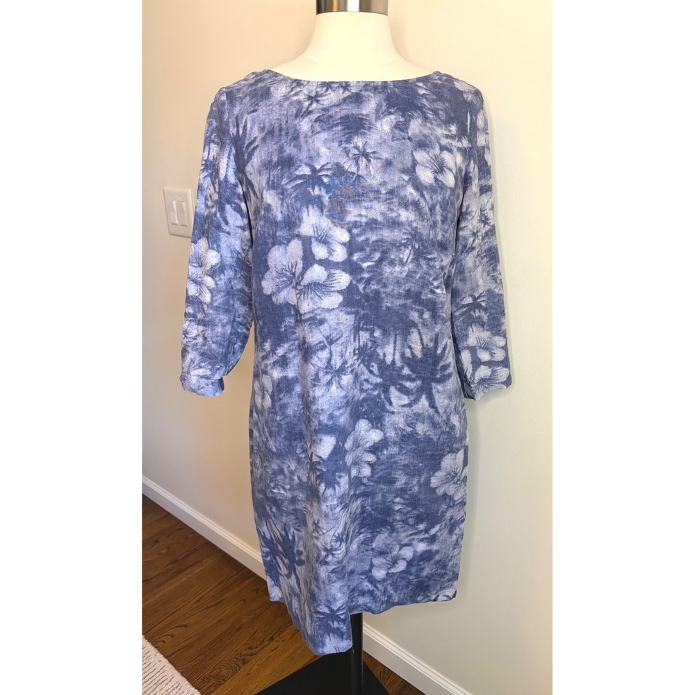 J. Jill Women Blue White Floral Tropical 100% Linen Shift Dress 3/4 Sleeve Sz 6
